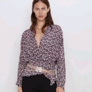 ZARA Womens Floral Print Faux Wrap Surplice Dolman Sleeve Top Sz XS Long Sleeve